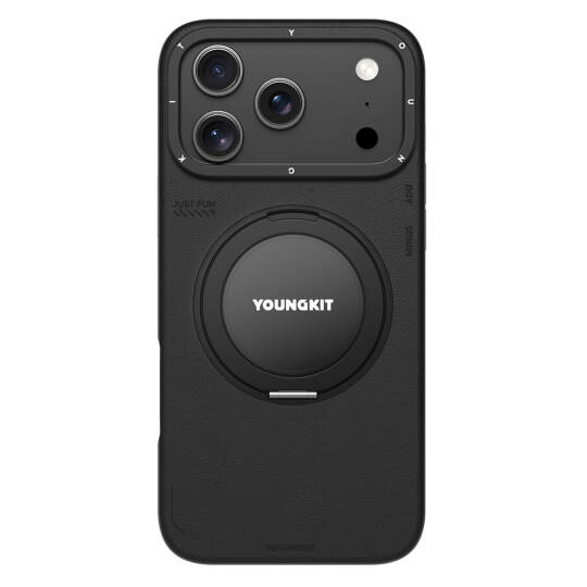 Apple iPhone 17 Pro Kılıf M-safe Şarj Özellikli 360 Derece Standlı Basit Mat Deri Desenli Youngkit Tech Leather Serisi Kapak Siyah