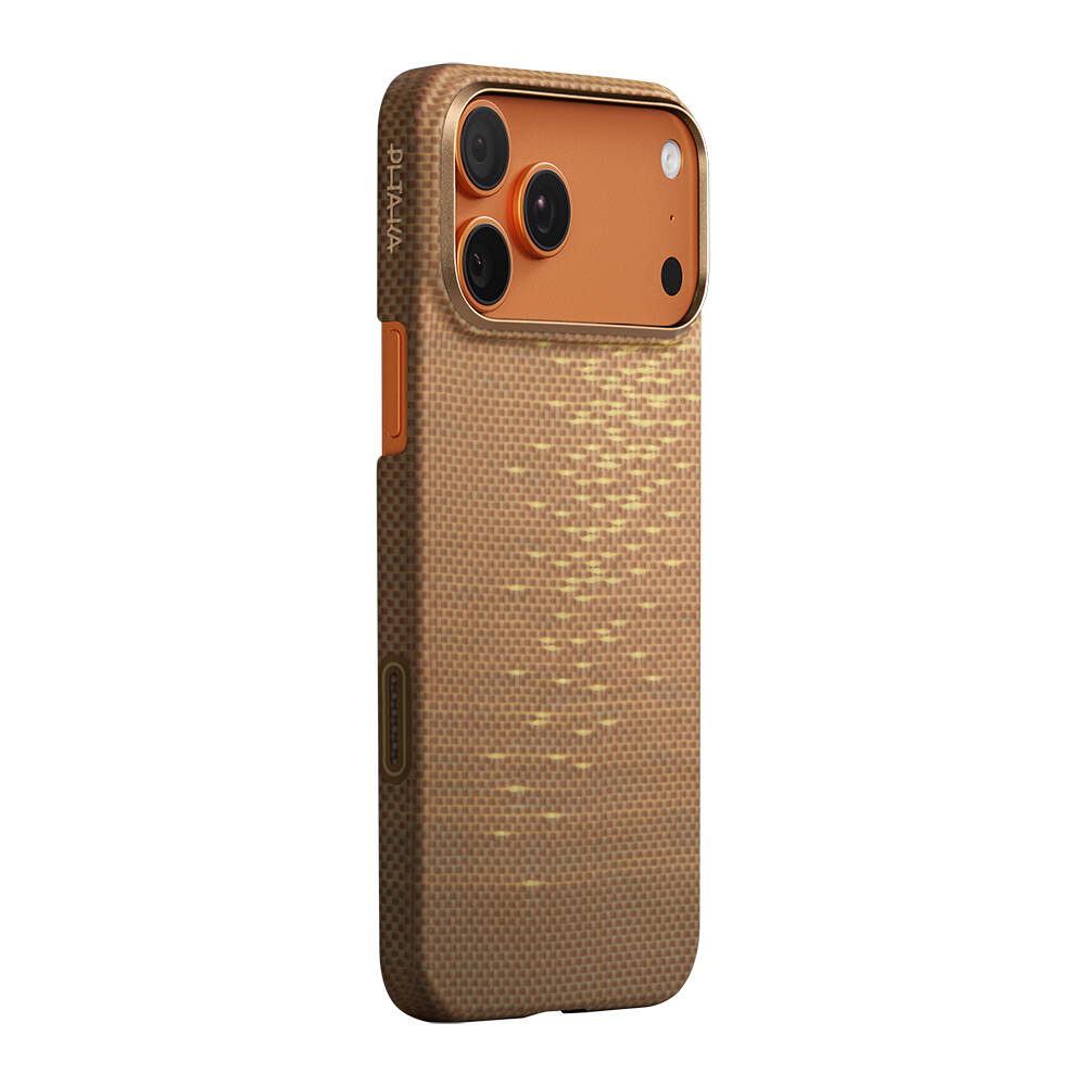 Apple iPhone 17 Pro Kılıf M-safe Şarj Özellikli Aramid Karbon Fiber Pitaka Glints of Gold Ultra Slim Serisi Kapak - 5