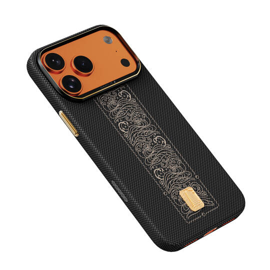 Apple iPhone 17 Pro Kılıf M-safe Şarj Özellikli Raptic Aramid Skin Rise Serisi 24 Ayar Altın Kaplamalı Karbon Kapak - 6