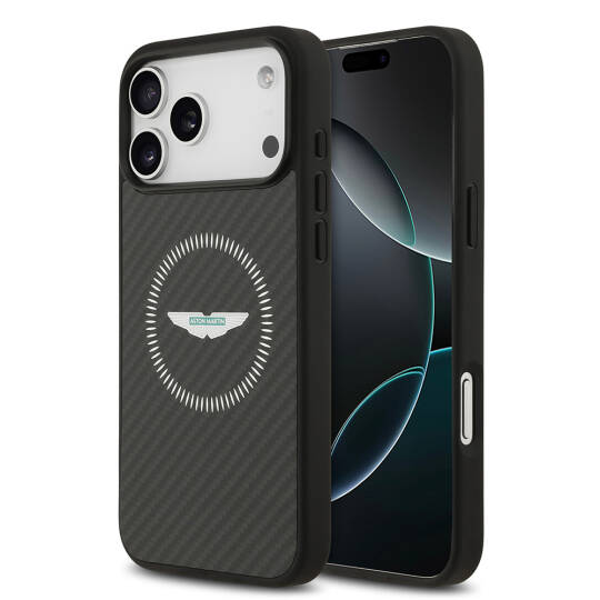 Apple iPhone 17 Pro Max Kılıf Aston Martin Orjinal Lisanslı M-safe Şarj Özellikli Karbon Fiber Kapak