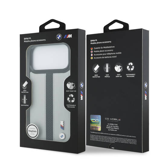 Apple iPhone 17 Pro Max Kılıf BMW Orjinal Lisanslı M-safe Şarj Özellikli Deri Arka Yüzey Metal Logolu Delikli Şerit Tasarımlı Kapak - 11