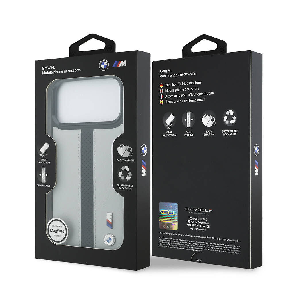 Apple iPhone 17 Pro Max Kılıf BMW Orjinal Lisanslı M-safe Şarj Özellikli Deri Arka Yüzey Metal Logolu Delikli Şerit Tasarımlı Kapak - 11