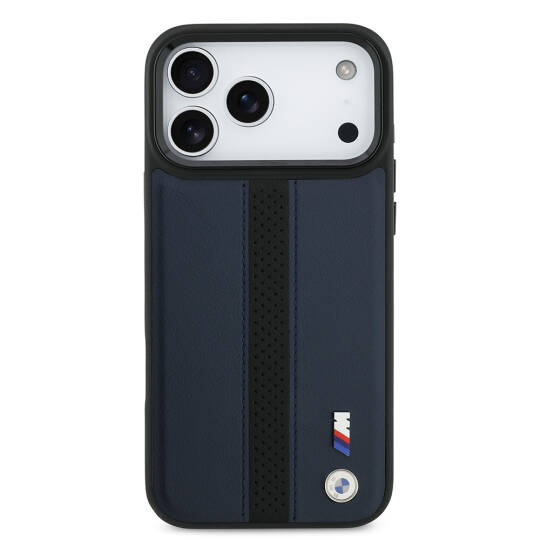 Apple iPhone 17 Pro Max Kılıf BMW Orjinal Lisanslı M-safe Şarj Özellikli Deri Arka Yüzey Metal Logolu Delikli Şerit Tasarımlı Kapak - 20