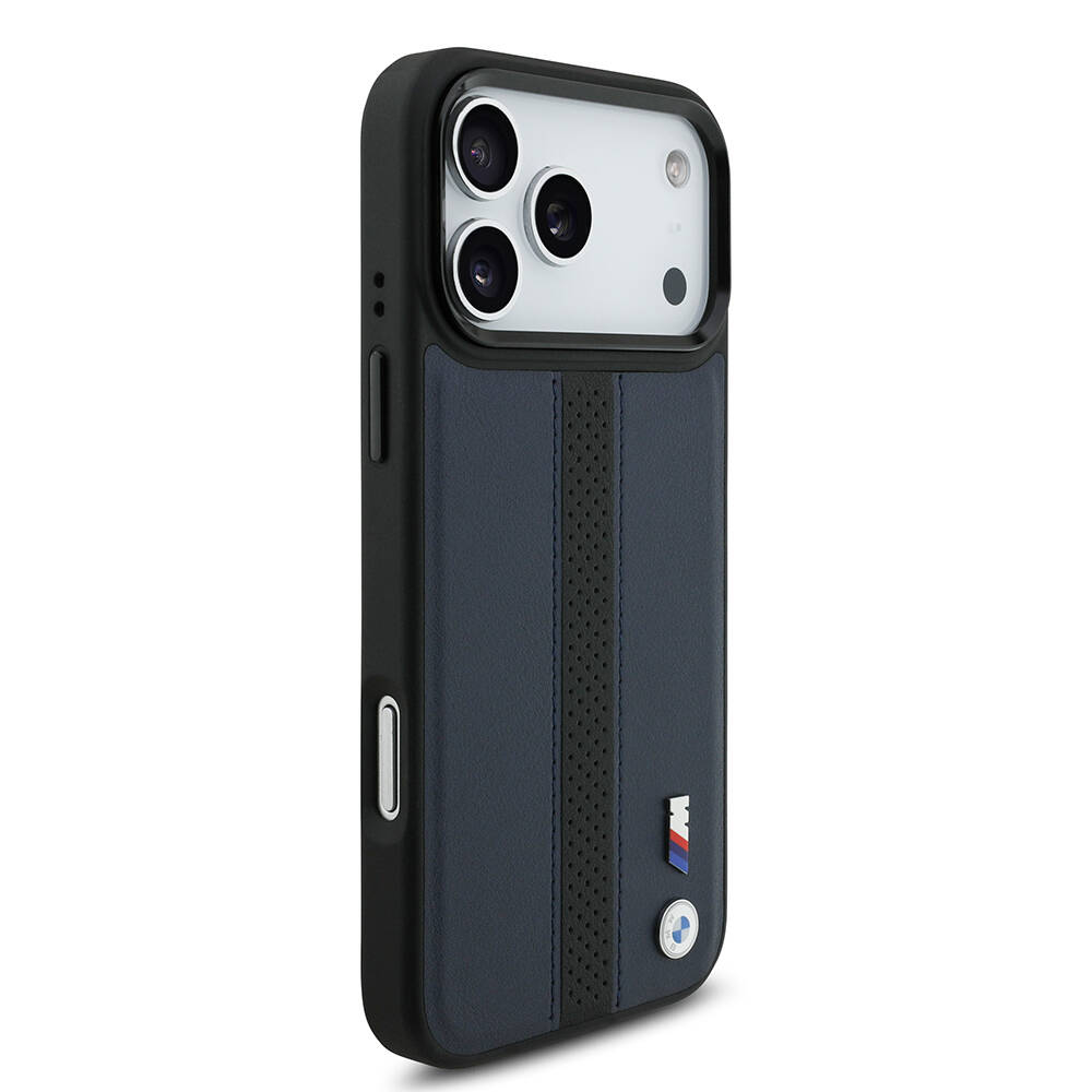 Apple iPhone 17 Pro Max Kılıf BMW Orjinal Lisanslı M-safe Şarj Özellikli Deri Arka Yüzey Metal Logolu Delikli Şerit Tasarımlı Kapak - 21