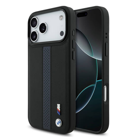 Apple iPhone 17 Pro Max Kılıf BMW Orjinal Lisanslı M-safe Şarj Özellikli Deri Arka Yüzey Metal Logolu Delikli Şerit Tasarımlı Kapak - 3