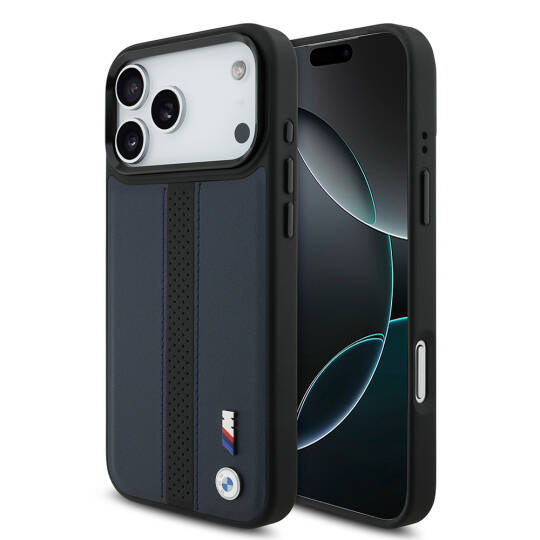 Apple iPhone 17 Pro Max Kılıf BMW Orjinal Lisanslı M-safe Şarj Özellikli Deri Arka Yüzey Metal Logolu Delikli Şerit Tasarımlı Kapak - 2