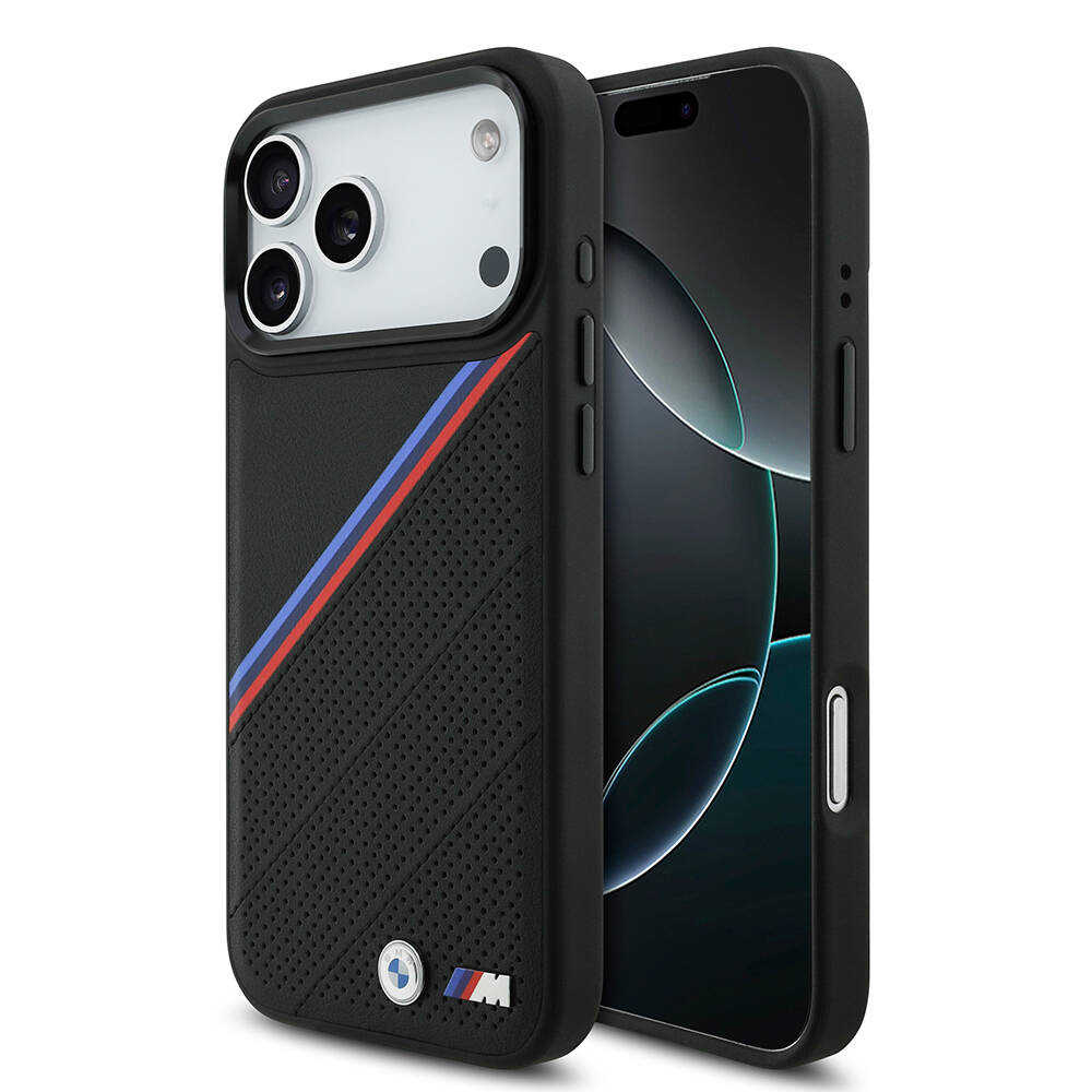 Apple iPhone 17 Pro Max Kılıf BMW Orjinal Lisanslı M-safe Şarj Özellikli M Logolu Üç Şeritli Delikli Deri Kapak - 3