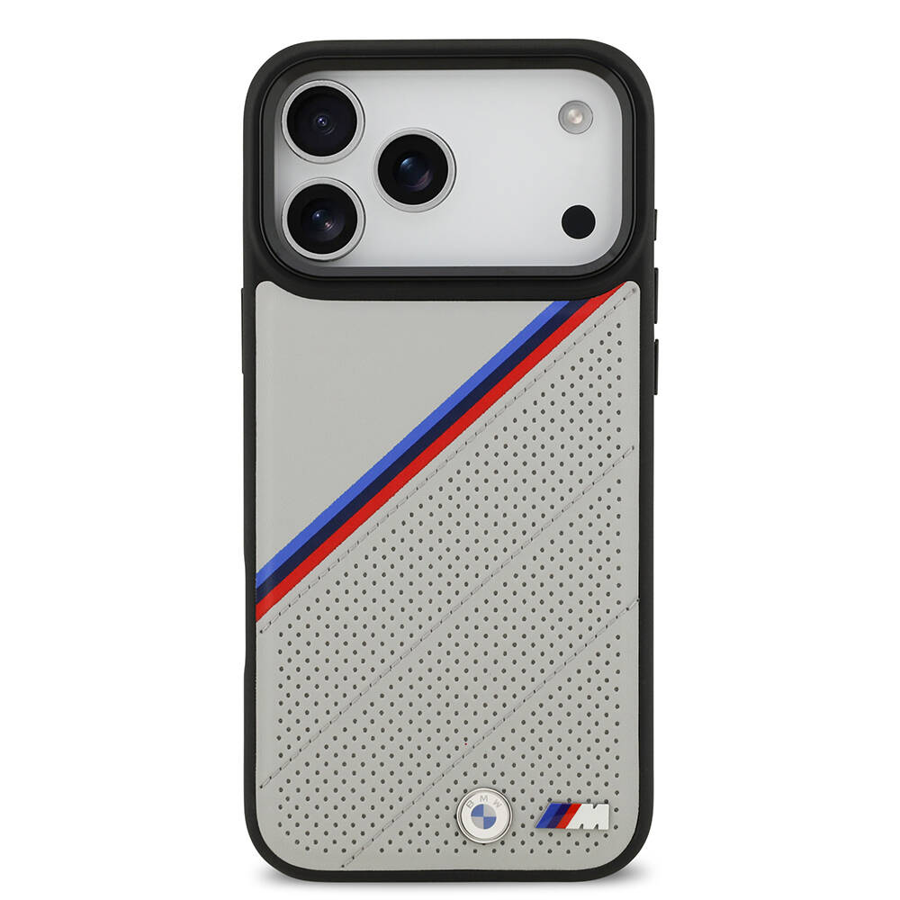 Apple iPhone 17 Pro Max Kılıf BMW Orjinal Lisanslı M-safe Şarj Özellikli M Logolu Üç Şeritli Delikli Deri Kapak - 11