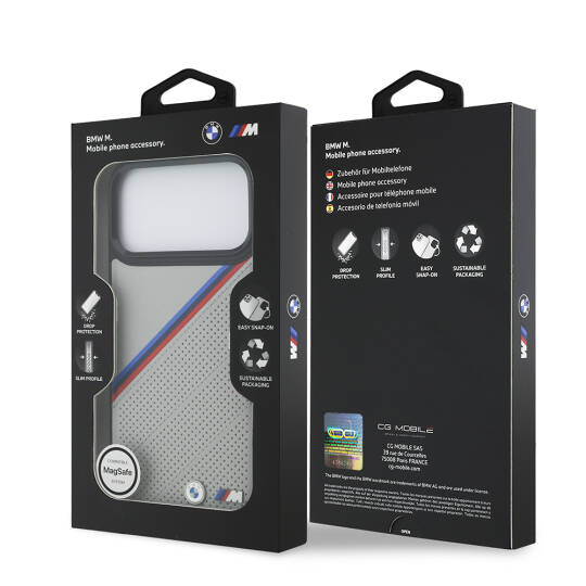Apple iPhone 17 Pro Max Kılıf BMW Orjinal Lisanslı M-safe Şarj Özellikli M Logolu Üç Şeritli Delikli Deri Kapak - 17