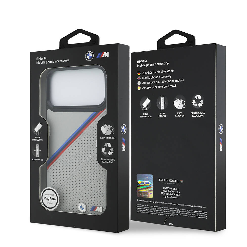 Apple iPhone 17 Pro Max Kılıf BMW Orjinal Lisanslı M-safe Şarj Özellikli M Logolu Üç Şeritli Delikli Deri Kapak - 17