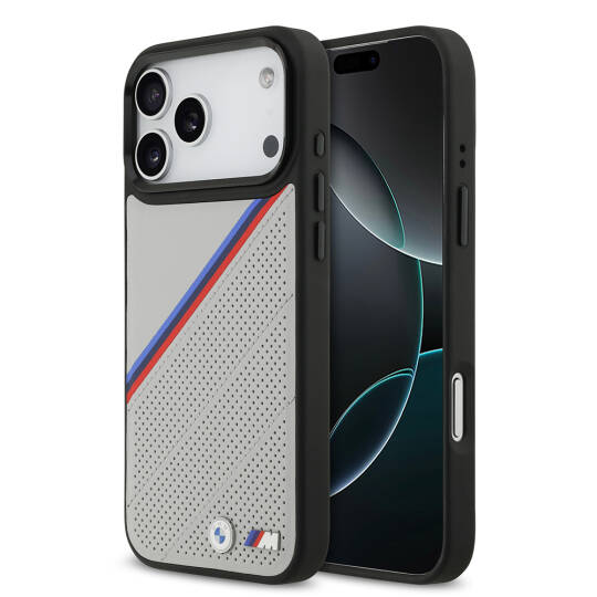 Apple iPhone 17 Pro Max Kılıf BMW Orjinal Lisanslı M-safe Şarj Özellikli M Logolu Üç Şeritli Delikli Deri Kapak - 2