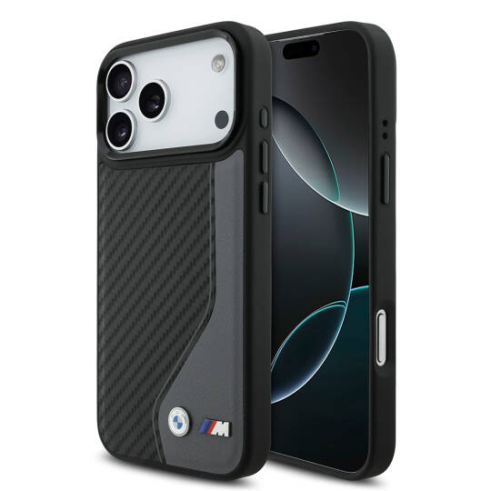 Apple iPhone 17 Pro Max Kılıf BMW Orjinal Lisanslı M-safe Şarj Özellikli Metal BMW ve M Logolu PU Karbon Tasarımlı Kapak - 3