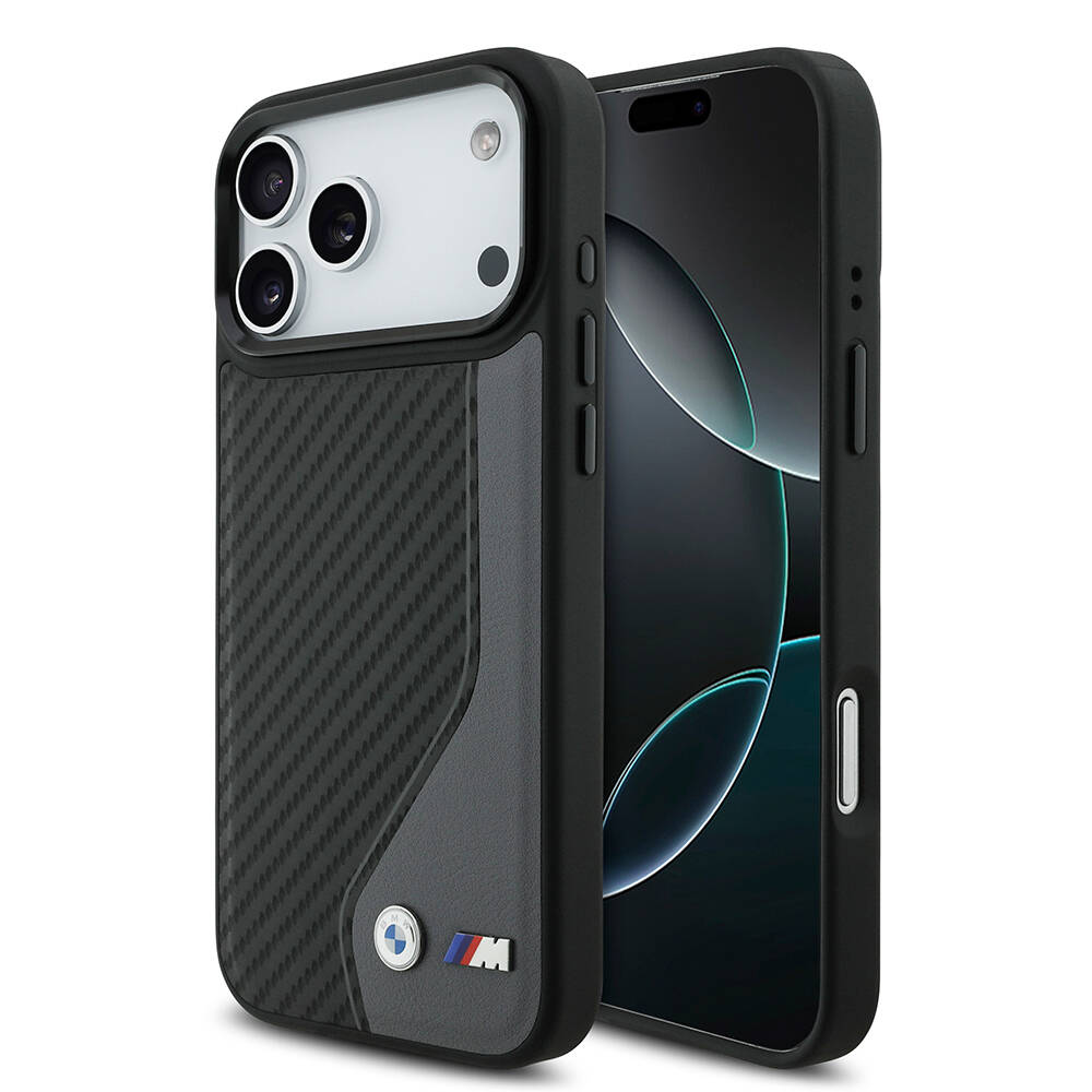Apple iPhone 17 Pro Max Kılıf BMW Orjinal Lisanslı M-safe Şarj Özellikli Metal BMW ve M Logolu PU Karbon Tasarımlı Kapak - 3
