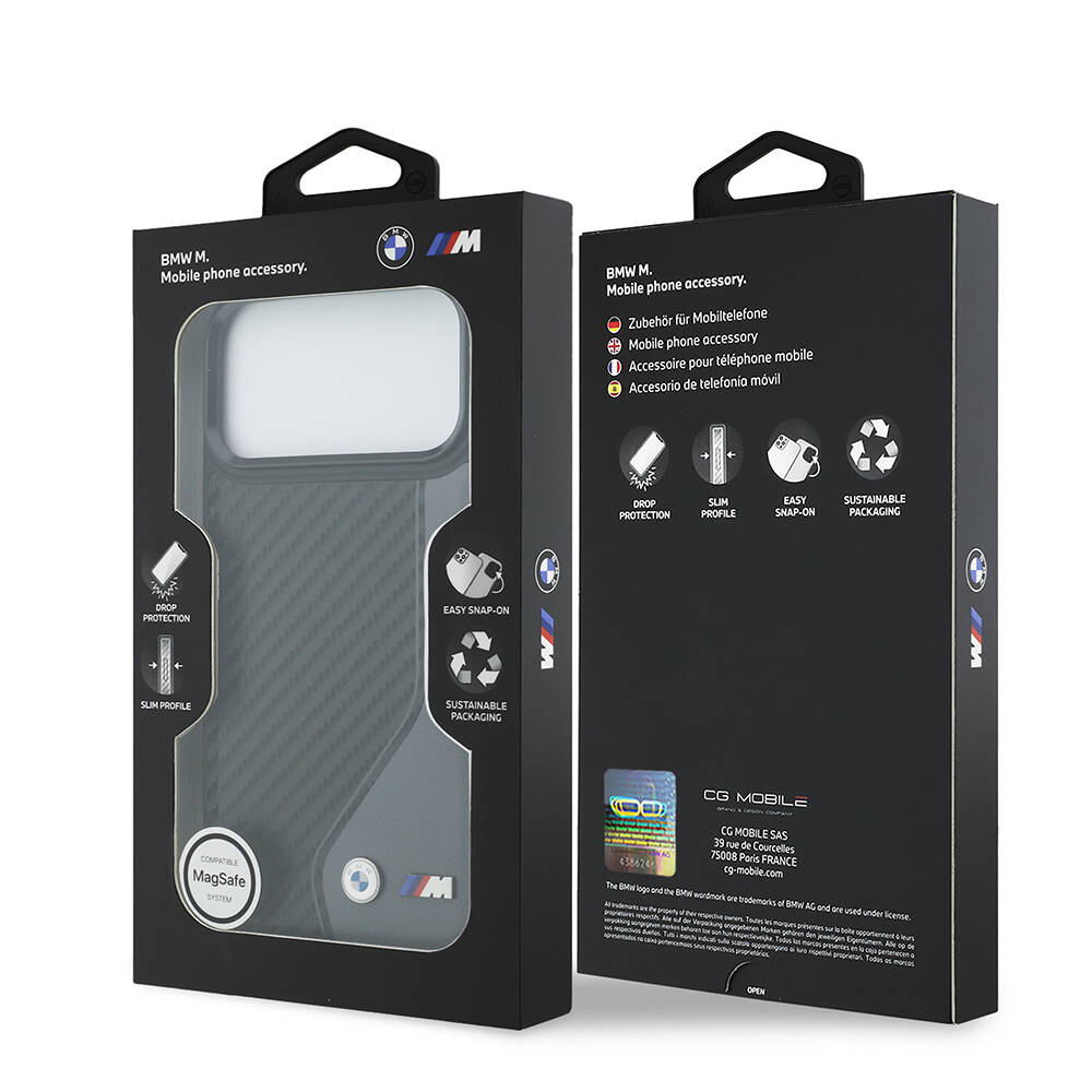Apple iPhone 17 Pro Max Kılıf BMW Orjinal Lisanslı M-safe Şarj Özellikli Metal BMW ve M Logolu PU Karbon Tasarımlı Kapak - 16