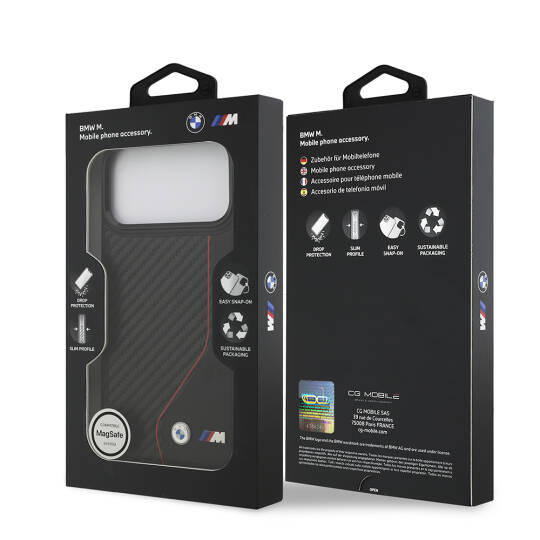 Apple iPhone 17 Pro Max Kılıf BMW Orjinal Lisanslı M-safe Şarj Özellikli Metal BMW ve M Logolu PU Karbon Tasarımlı Kapak - 17