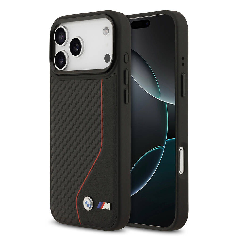 Apple iPhone 17 Pro Max Kılıf BMW Orjinal Lisanslı M-safe Şarj Özellikli Metal BMW ve M Logolu PU Karbon Tasarımlı Kapak - 1