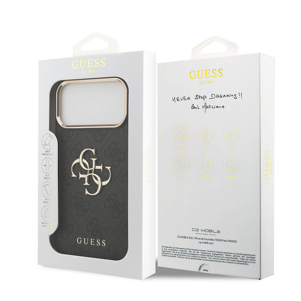 Apple iPhone 17 Pro Max Kılıf Guess Orjinal Lisanslı Gold Metal Kamera Çerçeveli 4G Desenli Metal Büyük 4G ve Yazı Logolu Kapak - 11