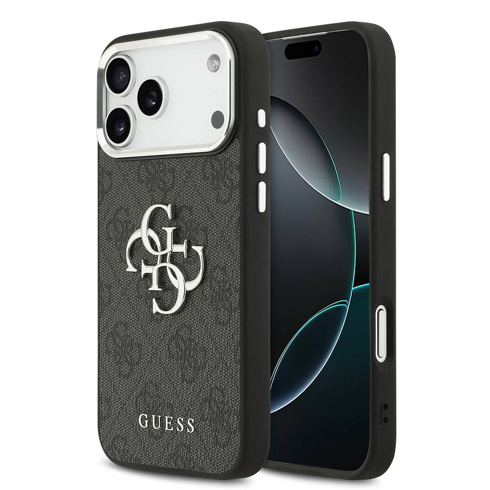 Apple iPhone 17 Pro Max Kılıf Guess Orjinal Lisanslı Gümüş Metal Kamera Çerçeveli 4G Desenli Metal Büyük 4G ve Yazı Logolu Kapak - 3