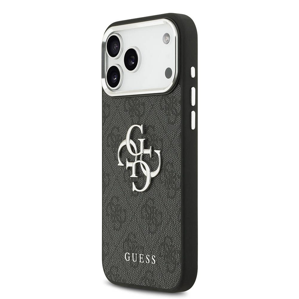 Apple iPhone 17 Pro Max Kılıf Guess Orjinal Lisanslı Gümüş Metal Kamera Çerçeveli 4G Desenli Metal Büyük 4G ve Yazı Logolu Kapak - 4