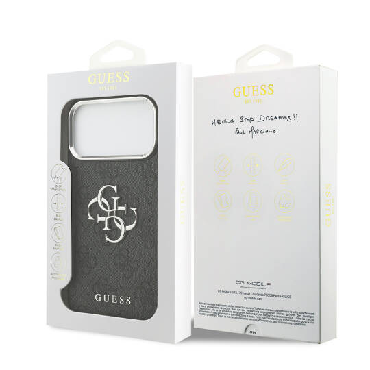 Apple iPhone 17 Pro Max Kılıf Guess Orjinal Lisanslı Gümüş Metal Kamera Çerçeveli 4G Desenli Metal Büyük 4G ve Yazı Logolu Kapak - 16
