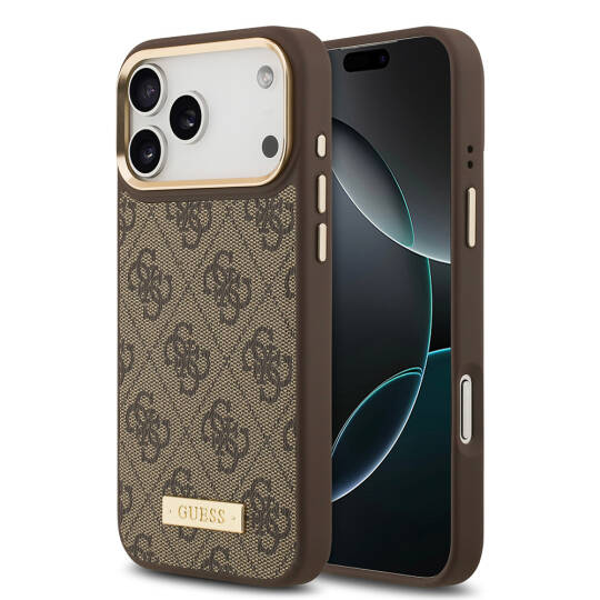 Apple iPhone 17 Pro Max Kılıf Guess Orjinal Lisanslı M-safe Şarj Özellikli 4G Desenli PU Metal Plaka Klasik Logolu Kapak - 4