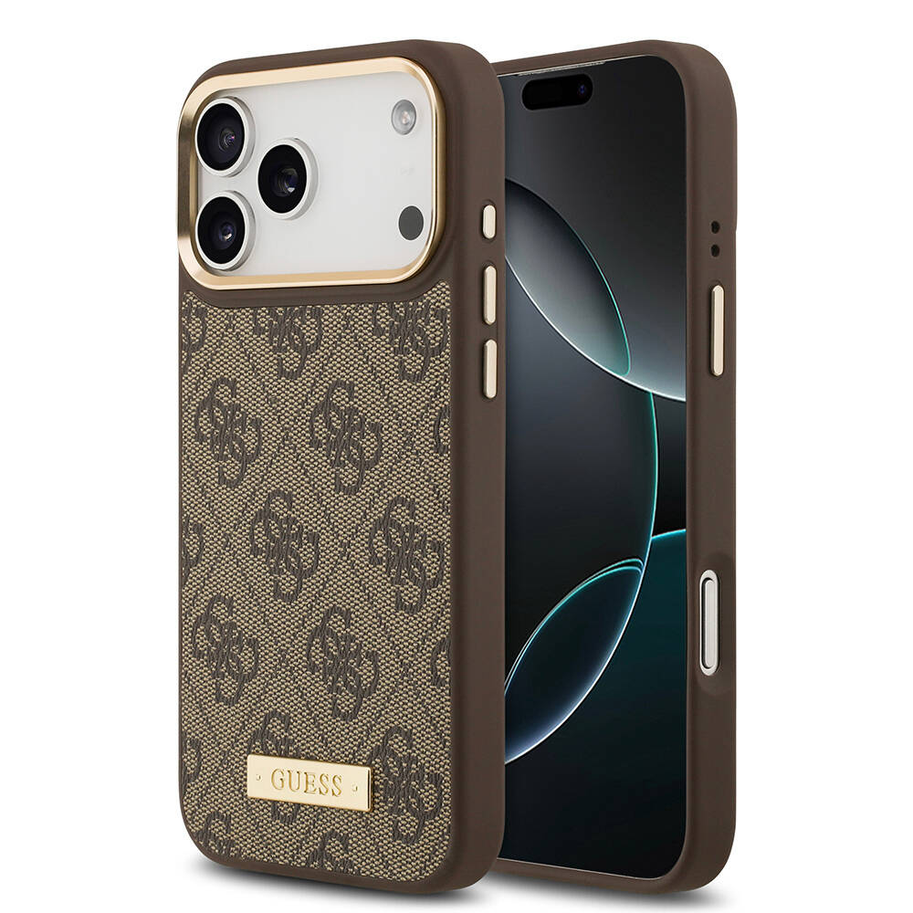 Apple iPhone 17 Pro Max Kılıf Guess Orjinal Lisanslı M-safe Şarj Özellikli 4G Desenli PU Metal Plaka Klasik Logolu Kapak - 4