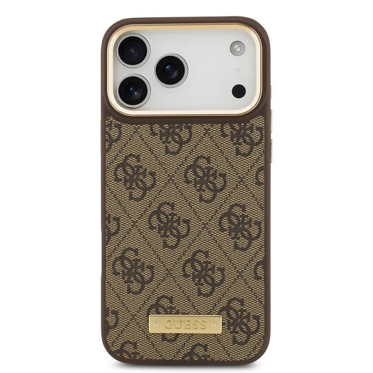 Apple iPhone 17 Pro Max Kılıf Guess Orjinal Lisanslı M-safe Şarj Özellikli 4G Desenli PU Metal Plaka Klasik Logolu Kapak - 5