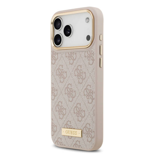 Apple iPhone 17 Pro Max Kılıf Guess Orjinal Lisanslı M-safe Şarj Özellikli 4G Desenli PU Metal Plaka Klasik Logolu Kapak - 17