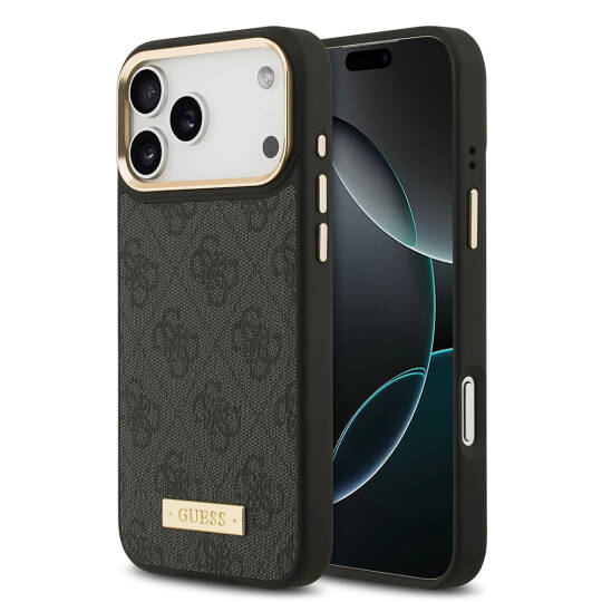 Apple iPhone 17 Pro Max Kılıf Guess Orjinal Lisanslı M-safe Şarj Özellikli 4G Desenli PU Metal Plaka Klasik Logolu Kapak - 2