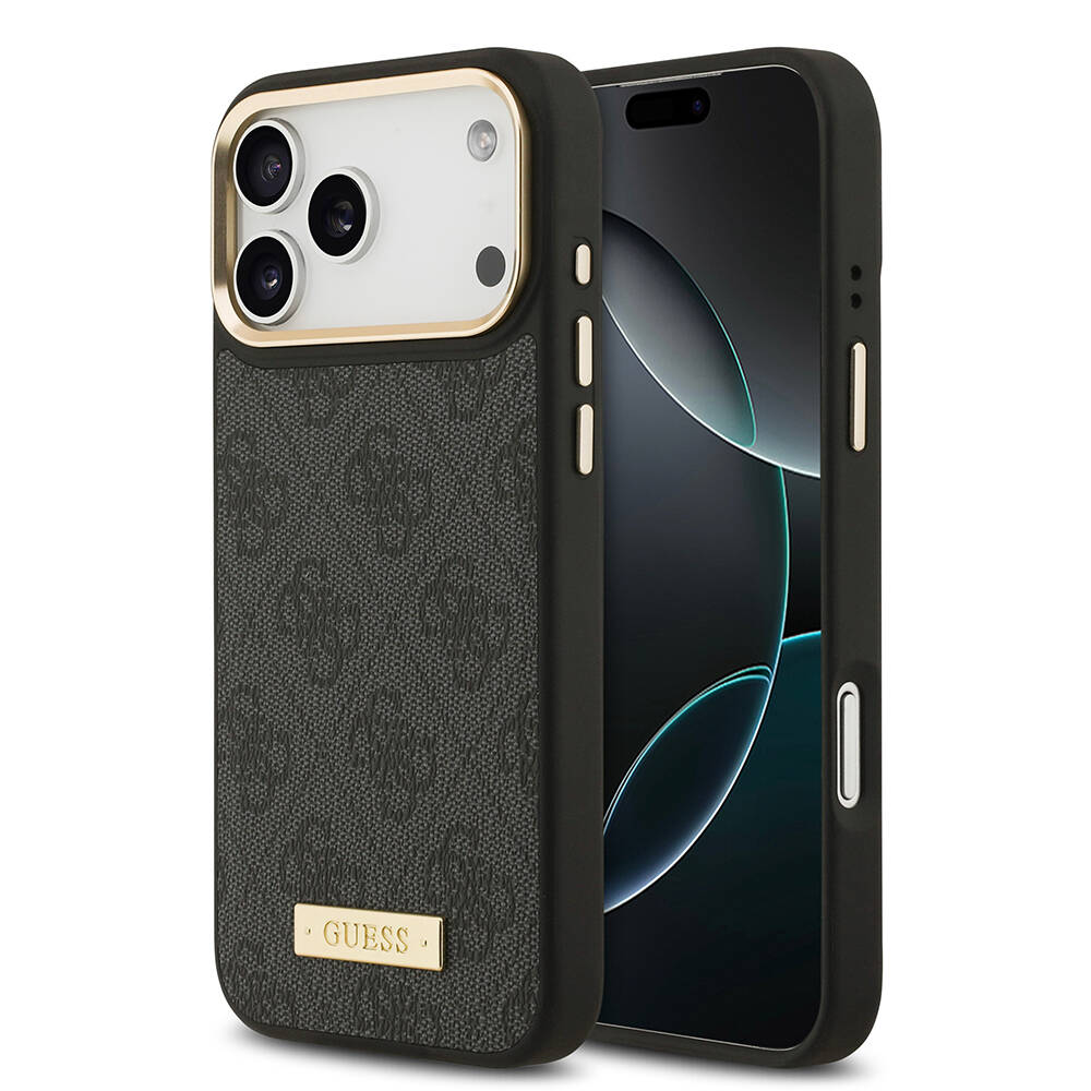 Apple iPhone 17 Pro Max Kılıf Guess Orjinal Lisanslı M-safe Şarj Özellikli 4G Desenli PU Metal Plaka Klasik Logolu Kapak - 2