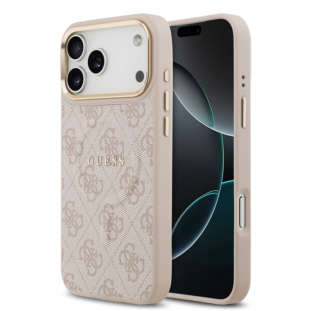 Apple iPhone 17 Pro Max Kılıf Guess Orjinal Lisanslı M-safe Şarj Özellikli Gold Metal Kamera Çerçeveli PU Deri 4G Desenli Yazı Logolu Kapak - 5