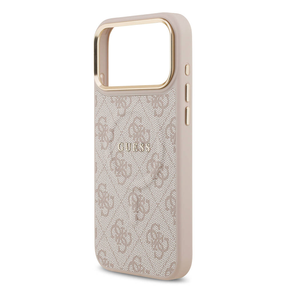 Apple iPhone 17 Pro Max Kılıf Guess Orjinal Lisanslı M-safe Şarj Özellikli Gold Metal Kamera Çerçeveli PU Deri 4G Desenli Yazı Logolu Kapak - 7