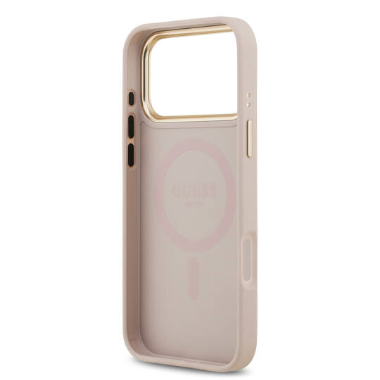 Apple iPhone 17 Pro Max Kılıf Guess Orjinal Lisanslı M-safe Şarj Özellikli Gold Metal Kamera Çerçeveli PU Deri 4G Desenli Yazı Logolu Kapak - 8