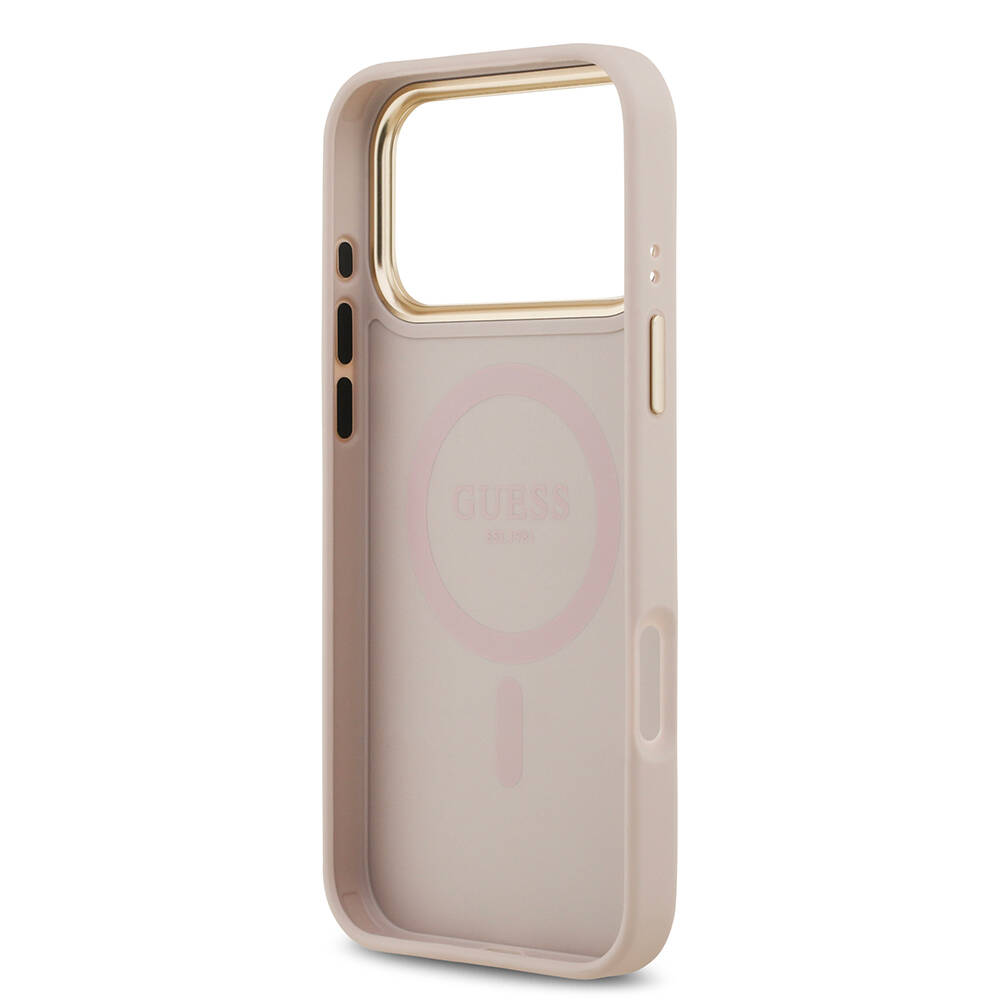 Apple iPhone 17 Pro Max Kılıf Guess Orjinal Lisanslı M-safe Şarj Özellikli Gold Metal Kamera Çerçeveli PU Deri 4G Desenli Yazı Logolu Kapak - 8