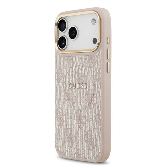 Apple iPhone 17 Pro Max Kılıf Guess Orjinal Lisanslı M-safe Şarj Özellikli Gold Metal Kamera Çerçeveli PU Deri 4G Desenli Yazı Logolu Kapak - 9