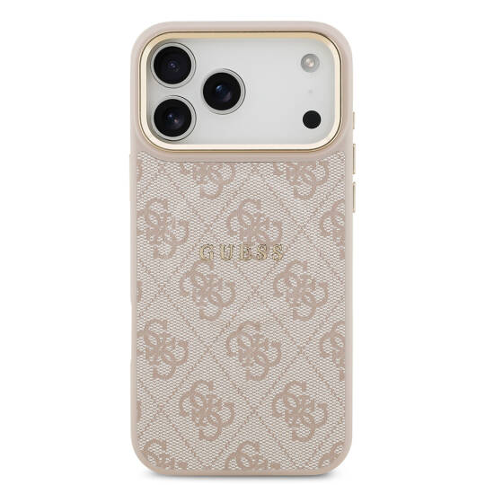 Apple iPhone 17 Pro Max Kılıf Guess Orjinal Lisanslı M-safe Şarj Özellikli Gold Metal Kamera Çerçeveli PU Deri 4G Desenli Yazı Logolu Kapak - 10
