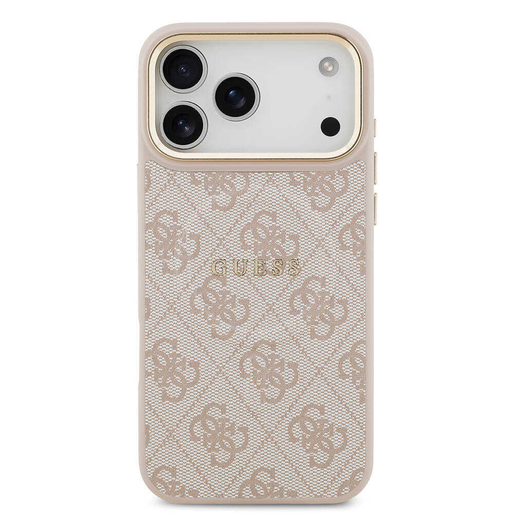 Apple iPhone 17 Pro Max Kılıf Guess Orjinal Lisanslı M-safe Şarj Özellikli Gold Metal Kamera Çerçeveli PU Deri 4G Desenli Yazı Logolu Kapak - 10