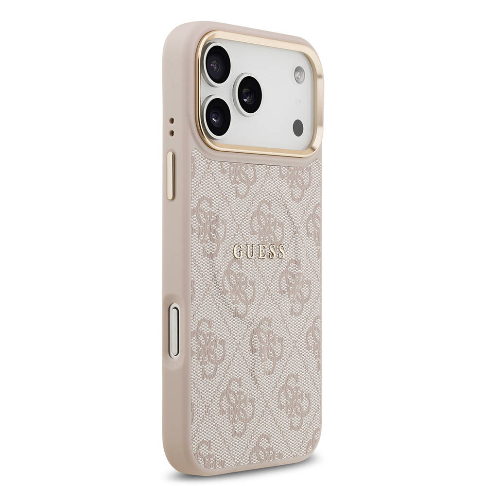 Apple iPhone 17 Pro Max Kılıf Guess Orjinal Lisanslı M-safe Şarj Özellikli Gold Metal Kamera Çerçeveli PU Deri 4G Desenli Yazı Logolu Kapak - 11