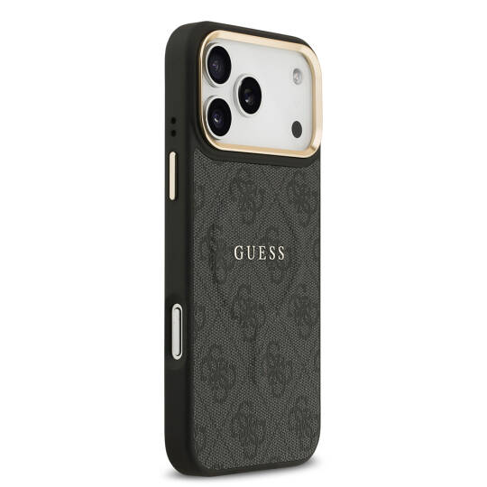 Apple iPhone 17 Pro Max Kılıf Guess Orjinal Lisanslı M-safe Şarj Özellikli Gold Metal Kamera Çerçeveli PU Deri 4G Desenli Yazı Logolu Kapak - 12