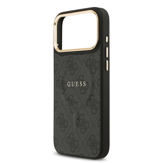 Apple iPhone 17 Pro Max Kılıf Guess Orjinal Lisanslı M-safe Şarj Özellikli Gold Metal Kamera Çerçeveli PU Deri 4G Desenli Yazı Logolu Kapak - 14