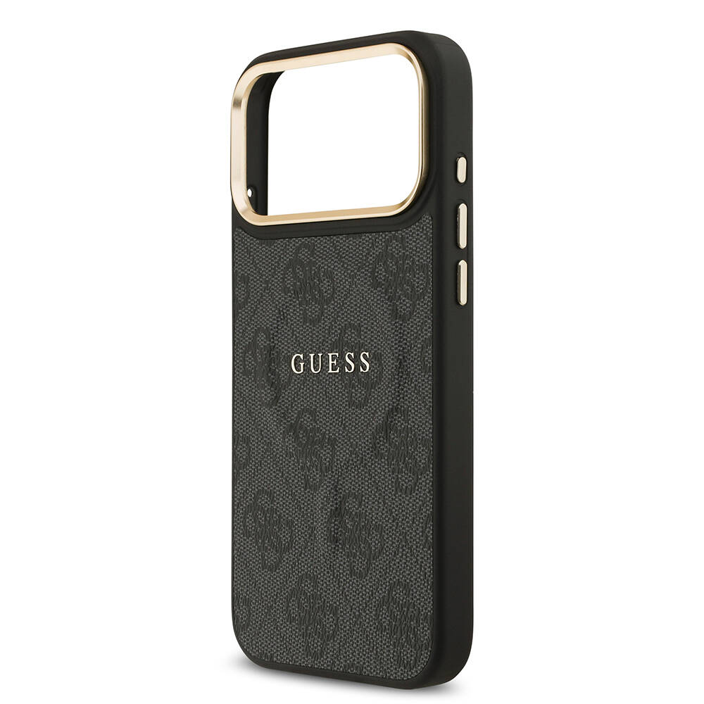Apple iPhone 17 Pro Max Kılıf Guess Orjinal Lisanslı M-safe Şarj Özellikli Gold Metal Kamera Çerçeveli PU Deri 4G Desenli Yazı Logolu Kapak - 14