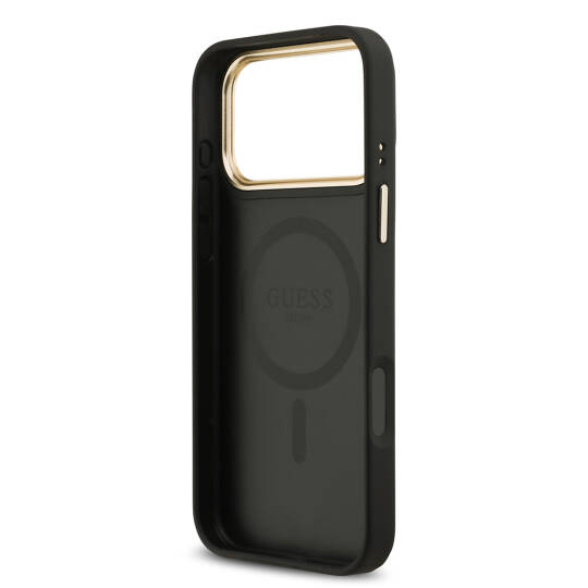 Apple iPhone 17 Pro Max Kılıf Guess Orjinal Lisanslı M-safe Şarj Özellikli Gold Metal Kamera Çerçeveli PU Deri 4G Desenli Yazı Logolu Kapak - 15