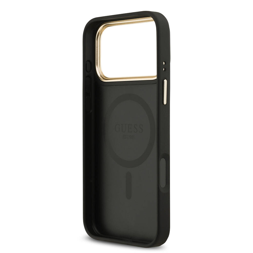 Apple iPhone 17 Pro Max Kılıf Guess Orjinal Lisanslı M-safe Şarj Özellikli Gold Metal Kamera Çerçeveli PU Deri 4G Desenli Yazı Logolu Kapak - 15