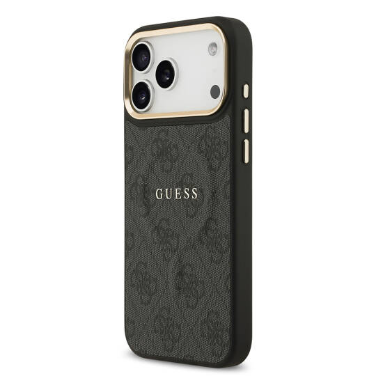 Apple iPhone 17 Pro Max Kılıf Guess Orjinal Lisanslı M-safe Şarj Özellikli Gold Metal Kamera Çerçeveli PU Deri 4G Desenli Yazı Logolu Kapak - 16