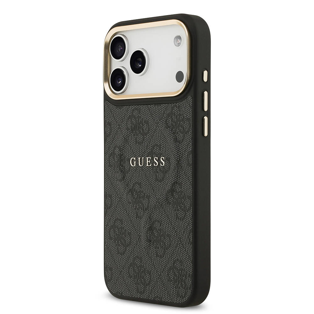 Apple iPhone 17 Pro Max Kılıf Guess Orjinal Lisanslı M-safe Şarj Özellikli Gold Metal Kamera Çerçeveli PU Deri 4G Desenli Yazı Logolu Kapak - 16