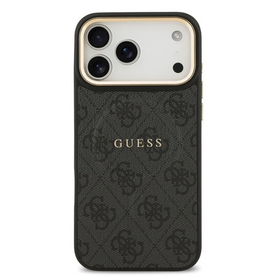Apple iPhone 17 Pro Max Kılıf Guess Orjinal Lisanslı M-safe Şarj Özellikli Gold Metal Kamera Çerçeveli PU Deri 4G Desenli Yazı Logolu Kapak - 17