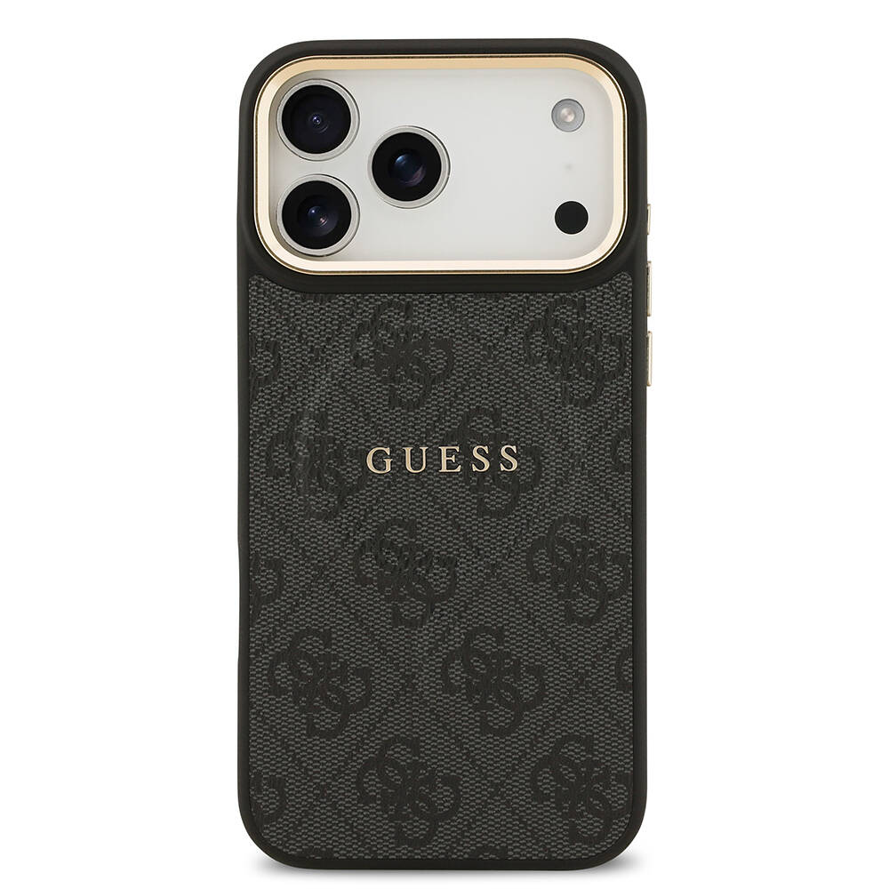 Apple iPhone 17 Pro Max Kılıf Guess Orjinal Lisanslı M-safe Şarj Özellikli Gold Metal Kamera Çerçeveli PU Deri 4G Desenli Yazı Logolu Kapak - 17