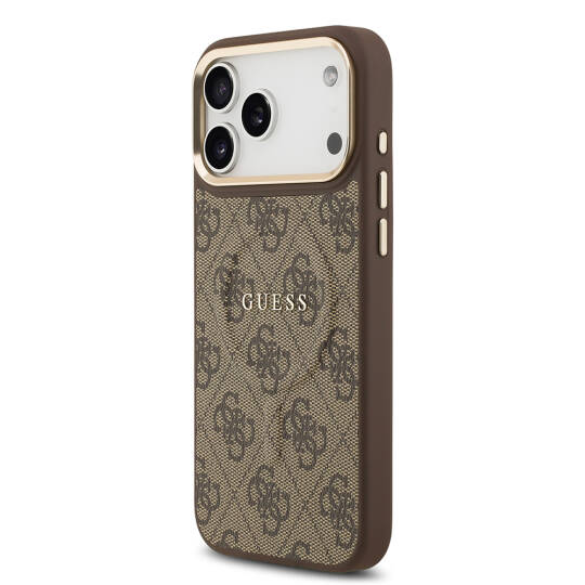 Apple iPhone 17 Pro Max Kılıf Guess Orjinal Lisanslı M-safe Şarj Özellikli Gold Metal Kamera Çerçeveli PU Deri 4G Desenli Yazı Logolu Kapak - 18