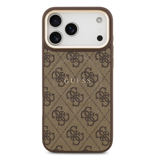 Apple iPhone 17 Pro Max Kılıf Guess Orjinal Lisanslı M-safe Şarj Özellikli Gold Metal Kamera Çerçeveli PU Deri 4G Desenli Yazı Logolu Kapak - 19