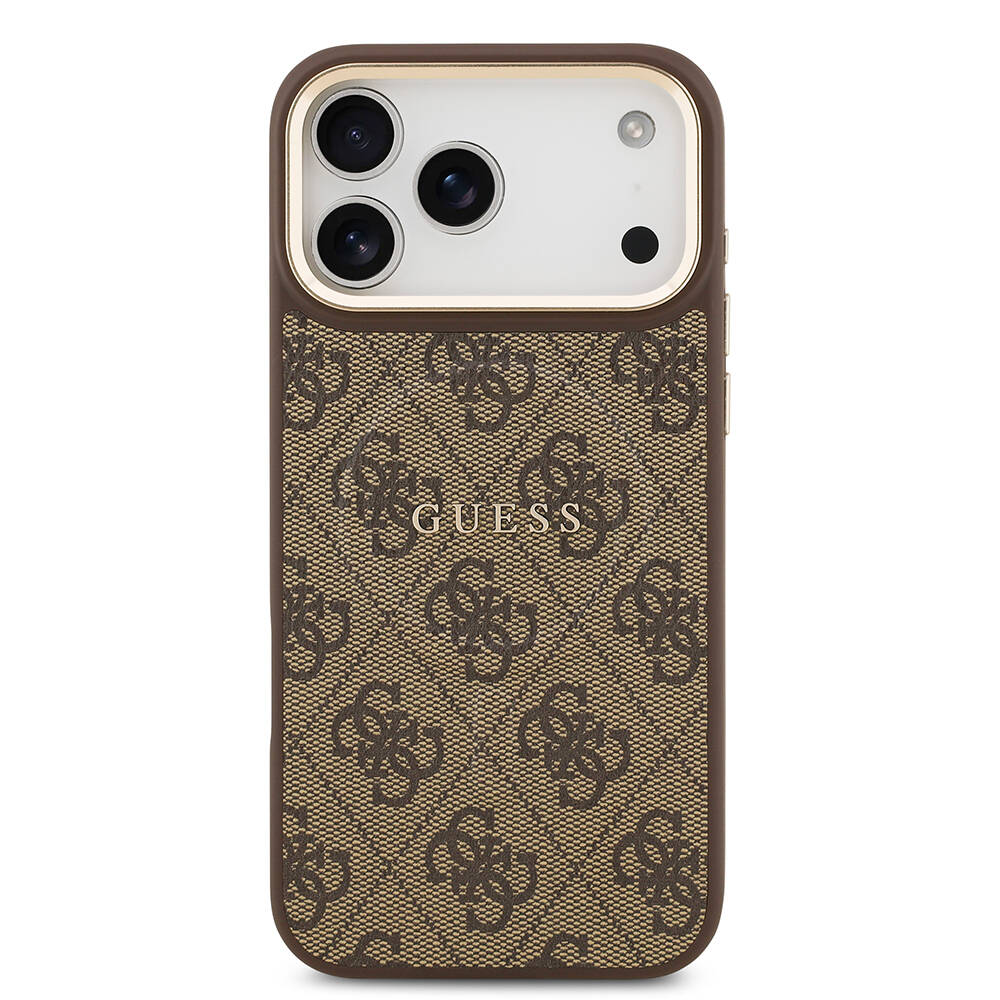 Apple iPhone 17 Pro Max Kılıf Guess Orjinal Lisanslı M-safe Şarj Özellikli Gold Metal Kamera Çerçeveli PU Deri 4G Desenli Yazı Logolu Kapak - 19